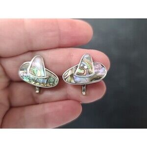 Mexico Taxco 925 Sterling Silver Abalone Shell Sombrero Screwback Earrings